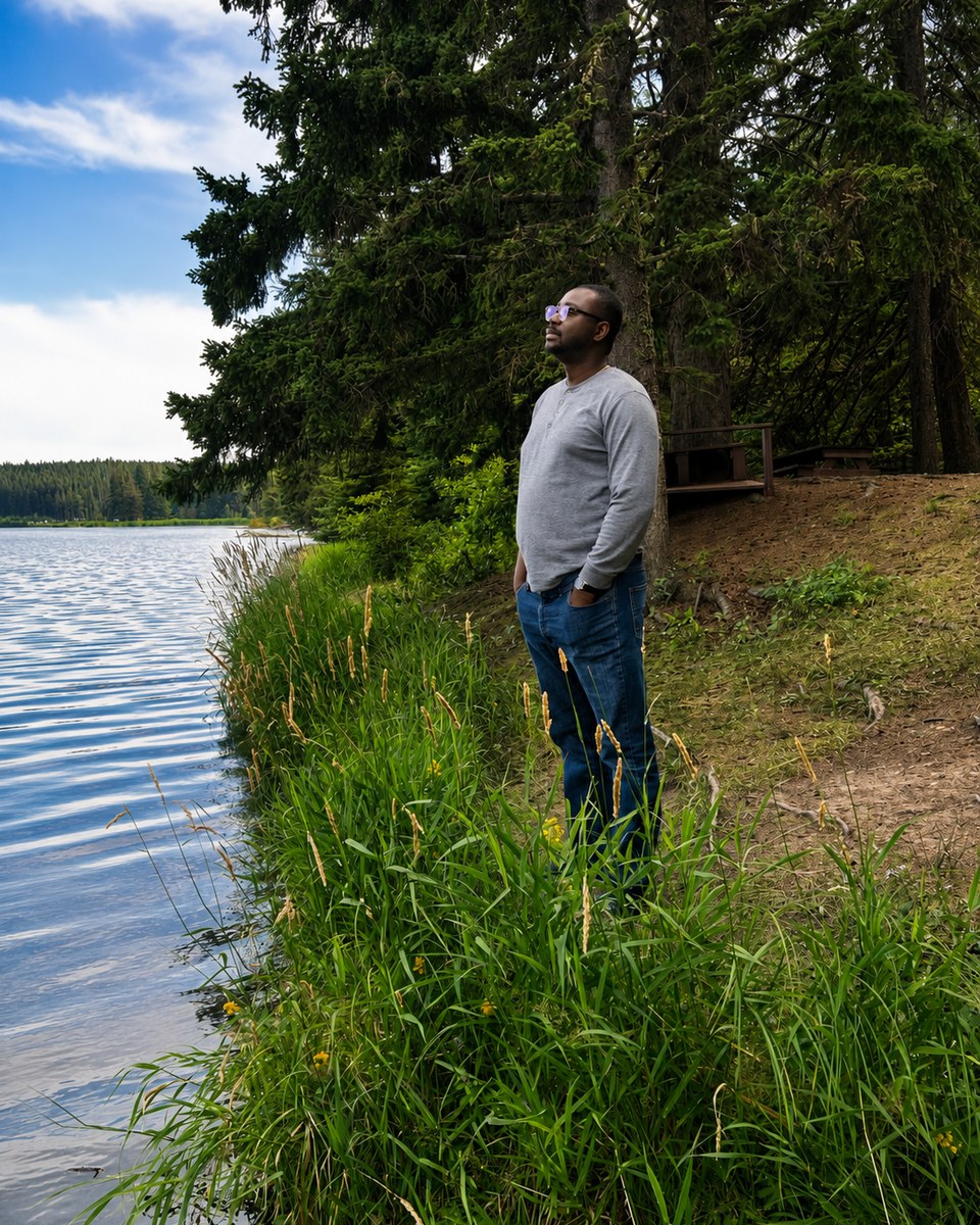 Ọláoyè Samuel Adétáyọ̀ standing by the lake, looking up.